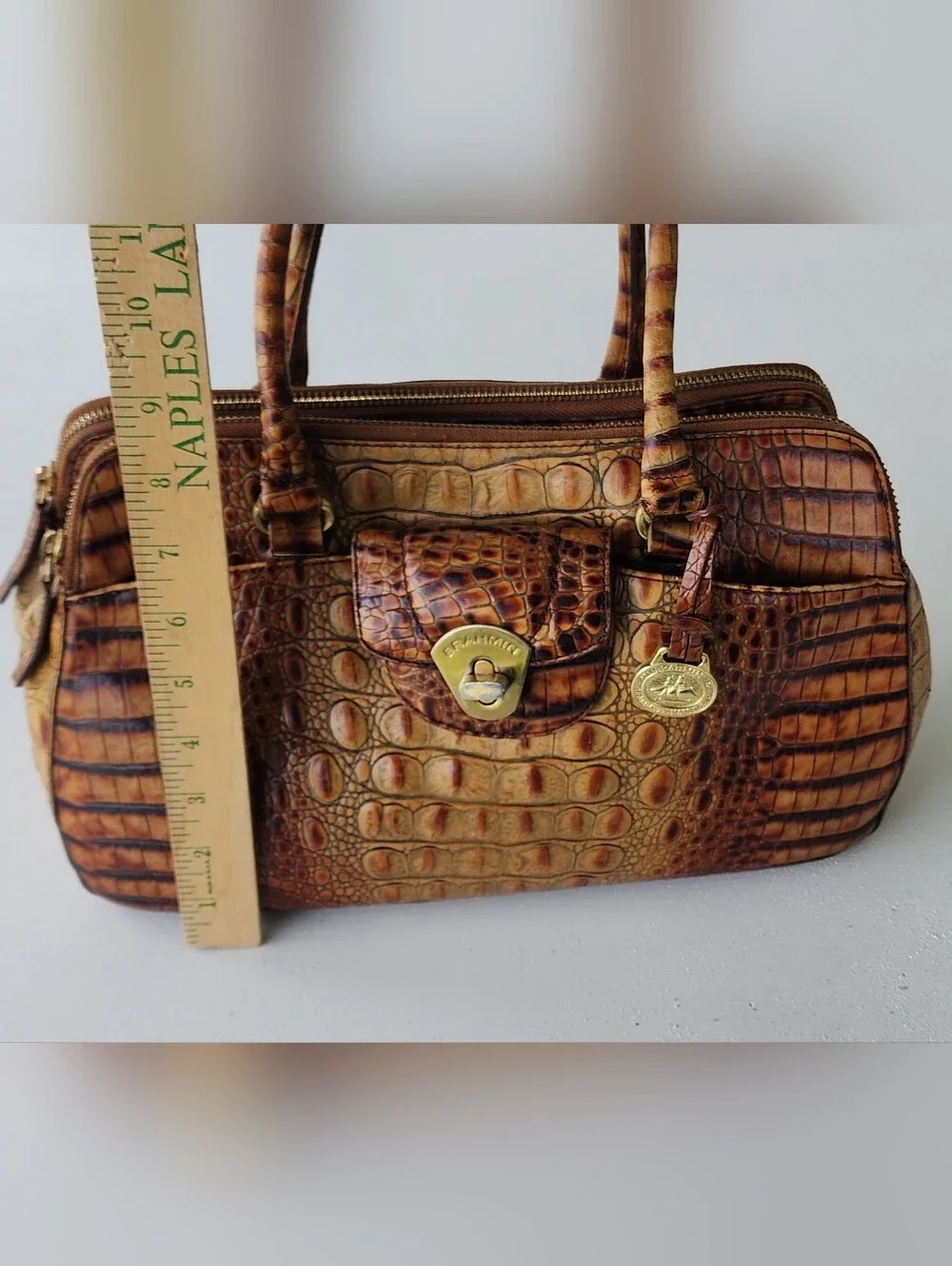 Brahmin Tan and Brown Crocodile-Embossed Satchel